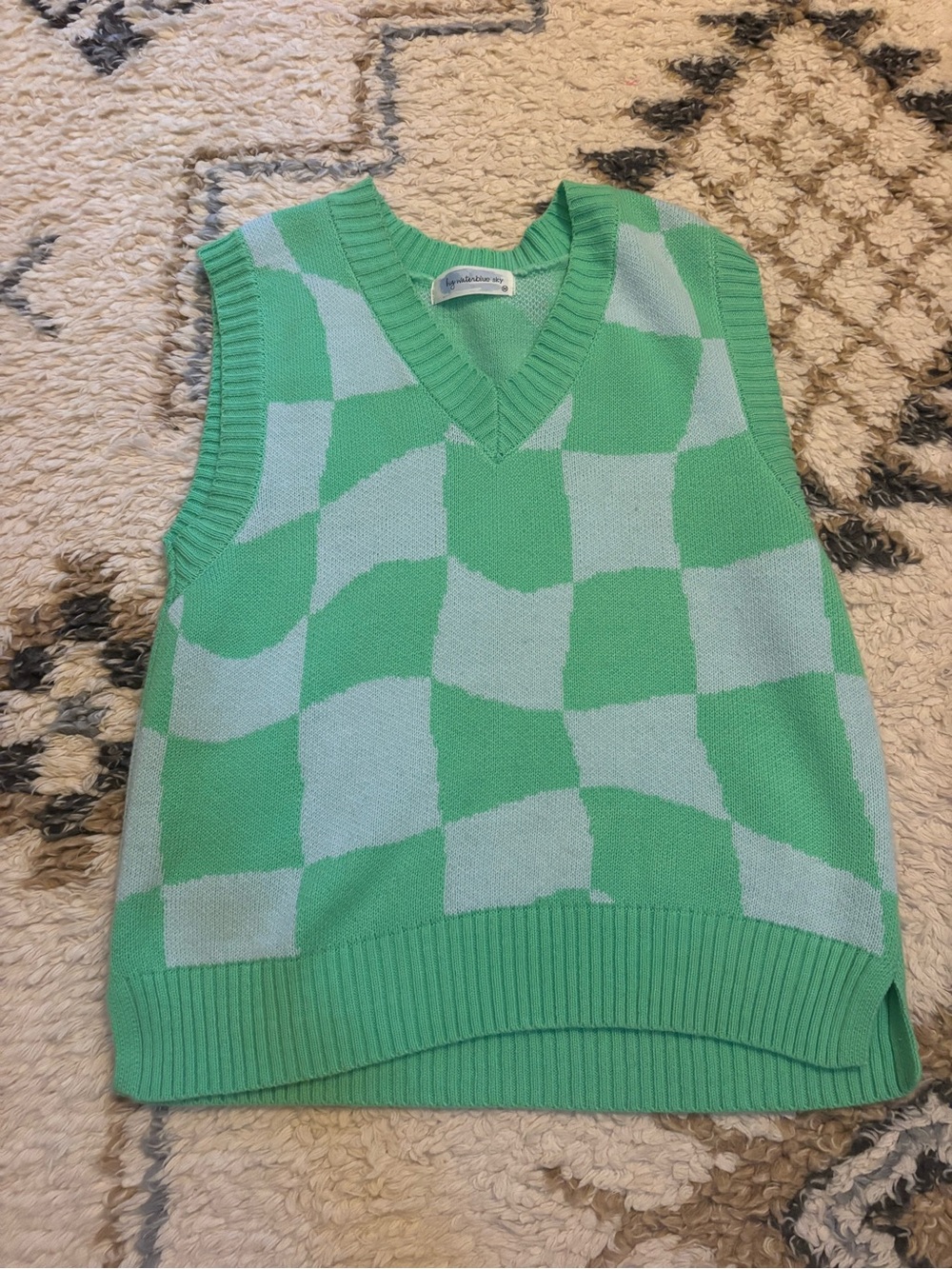 Checkerboard V-Neck Sweater Vest - Mint Green
